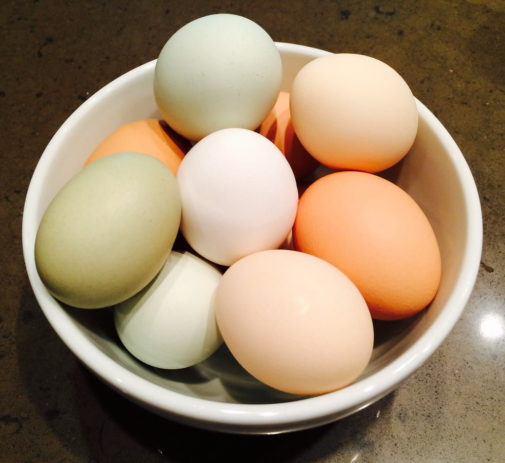A bowl containing a variety of eggs with different shell colors, including blue, white, and various shades of brown, on a dark countertop.