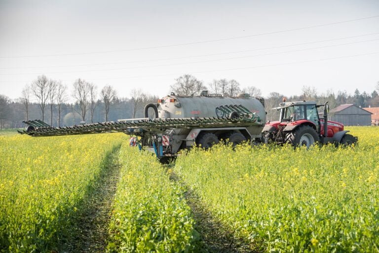A red tractor pulling a large tank sprayer through a field of yellow flowering crops under a clear sky.