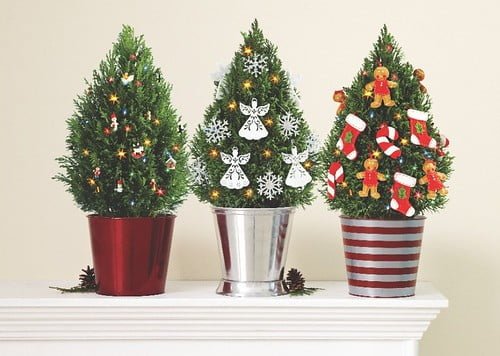 Three miniature Christmas trees in colorful pots, decorated with seasonal ornaments, arranged on a white mantelpiece.