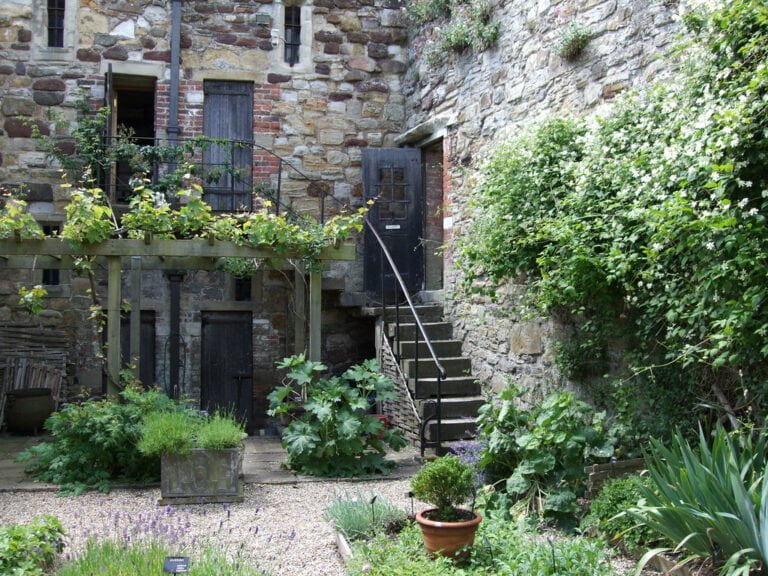 A lush garden with a variety of plants and flowers in front of an old stone building with a wooden pergola and a black metal staircase leading to a second-story door.