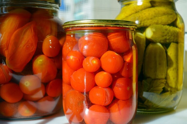 Three glass jars filled with preserved food: the first jar contains whole peeled tomatoes, the middle jar contains cherry tomatoes, and the third jar contains pickled cucumbers, all against a blurred background.