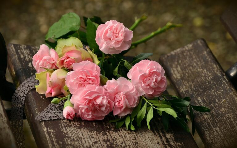 A bouquet of pink roses with green leaves and stems resting on a weathered wooden bench.