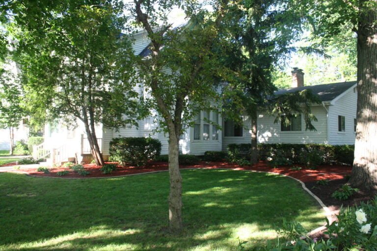 A white house partially obscured by trees with a landscaped front yard featuring a well-maintained lawn, red mulch, and a curved mulch bed edge.