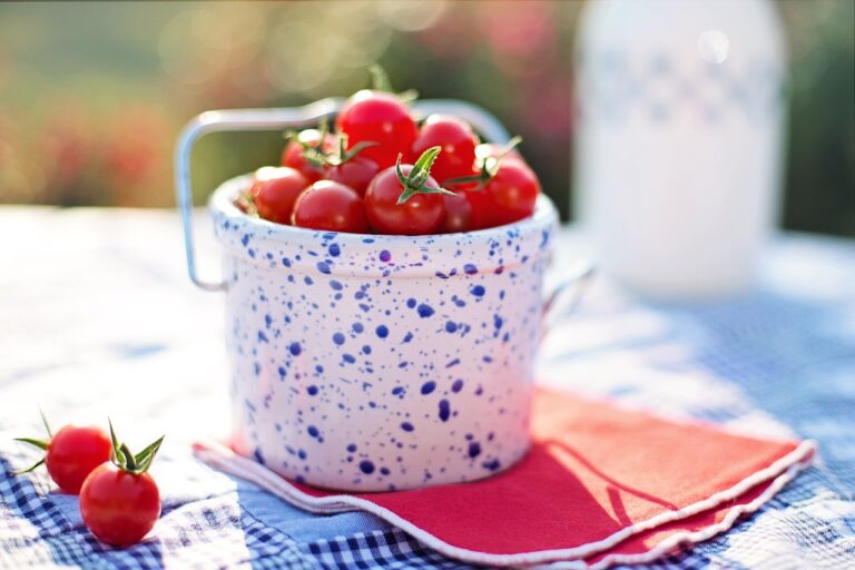 A speckled enamel bucket filled with fresh cherry tomatoes on a checkered cloth with a blurred background.