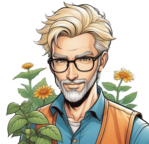Illustration of a stylized man with glasses, gray hair, and beard, wearing a blue shirt and orange vest, in front of a background featuring yellow flowers.