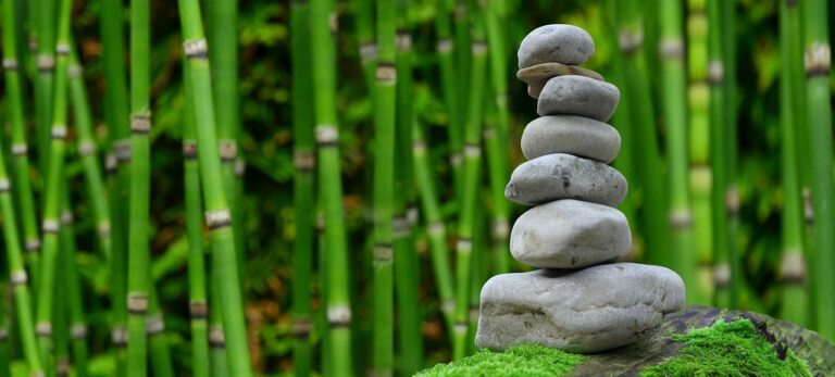 A stack of seven smooth, rounded stones balanced on top of one another on a moss-covered rock, with a background of vertical green bamboo stalks.